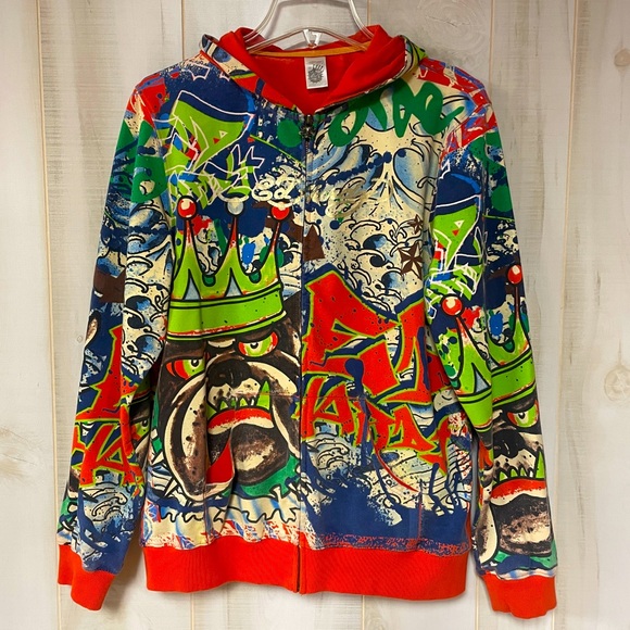Ed Hardy Jackets & Blazers - Ed Hardy Orange Green Blue Cotton Graffiti Print Zip Hoodie Jacket Sz L